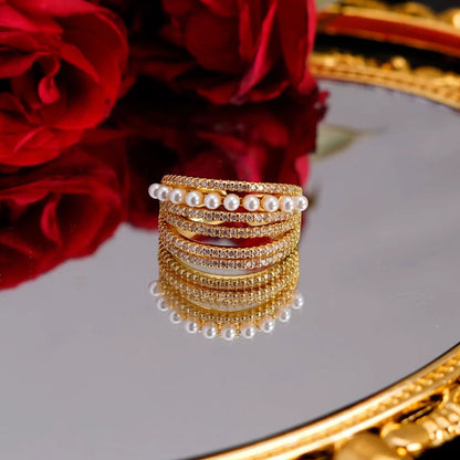 Smara Pearls and Diamond Multi-Layered Adjustable Ring