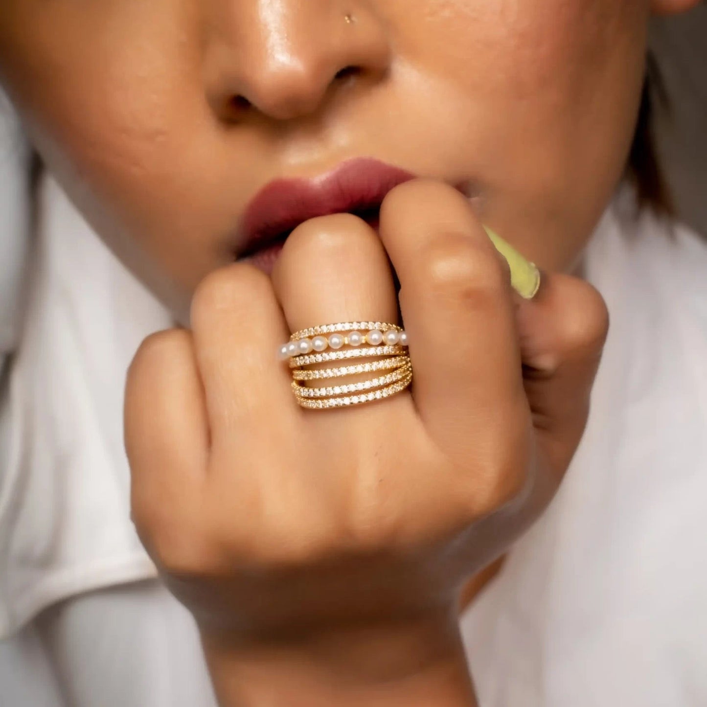 Smara Pearls and Diamond Multi-Layered Adjustable Ring