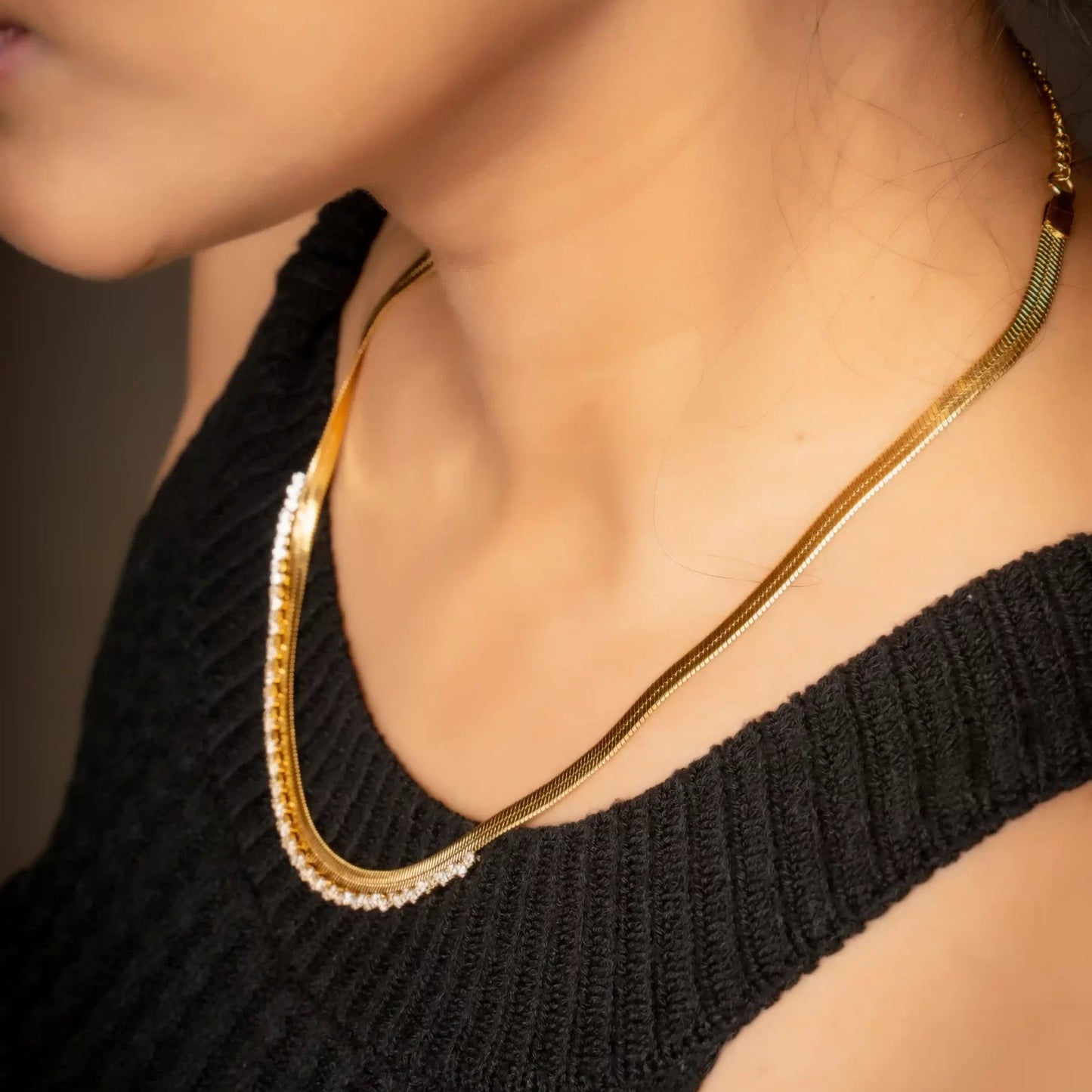 Artificial Diamond Herringbone Chain Necklace