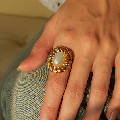 Smara Pearl and Diamond Oval Adjustable Ring