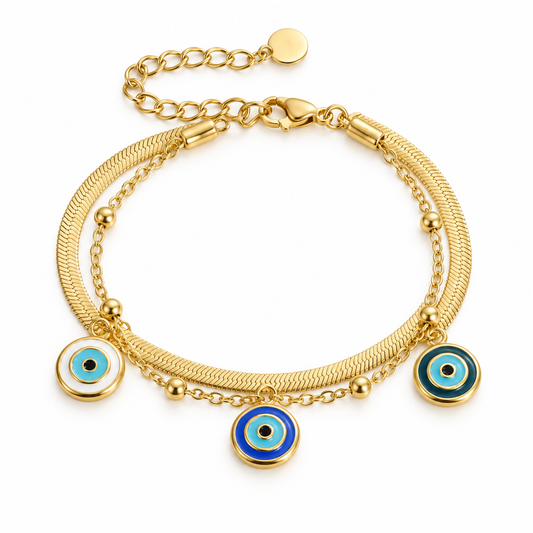 Smara 18K Gold Plated Evil Eye Double Chain Bracelet