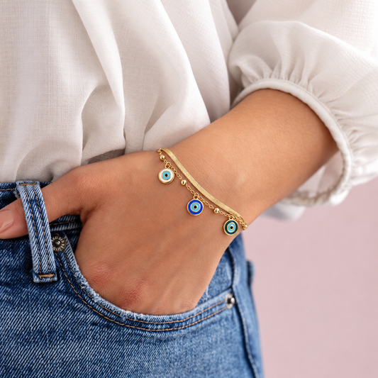 Smara 18K Gold Plated Evil Eye Double Chain Bracelet