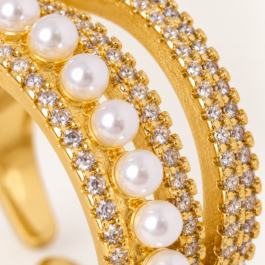 Smara Pearls and Diamond Multi-Layered Adjustable Ring