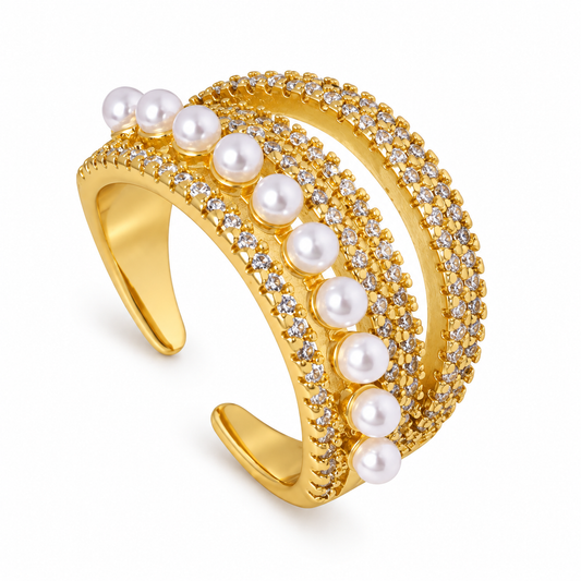 Smara Pearls and Diamond Multi-Layered Adjustable Ring