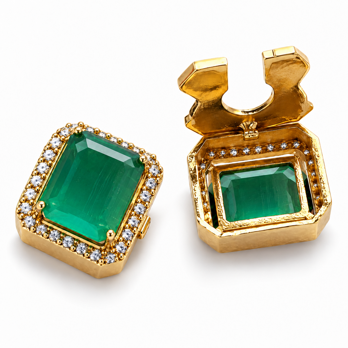 Lighter Green button cover cufflinks with one hinged cover open
