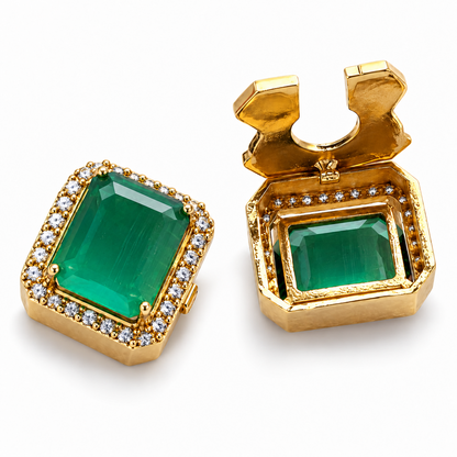 Lighter Green button cover cufflinks with one hinged cover open